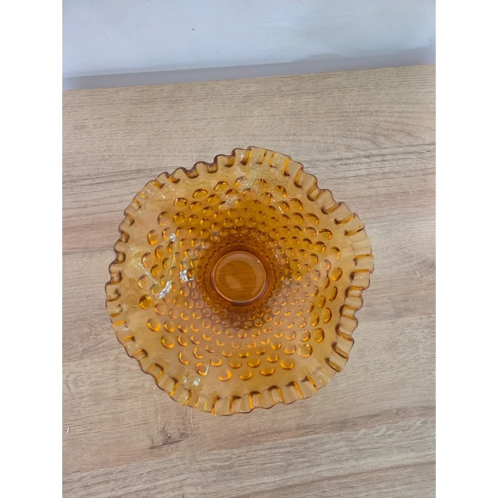 Vintage Fenton Hobnail Amber Candy Dish Footed Ruffled Edge 8''